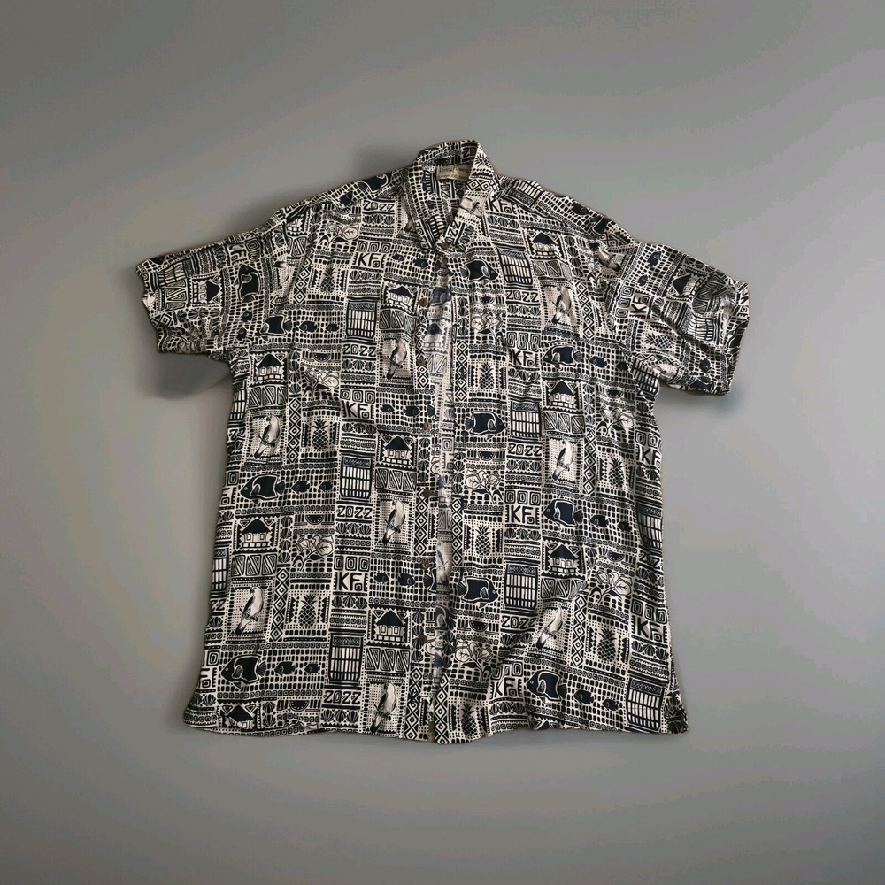 Kenny Flowers Shirt Men XXL 2XL Black White Rayon Island Classics Hawaiian Camp